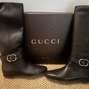 Gucci Dark Leather Riding Boots with Silver Buckle